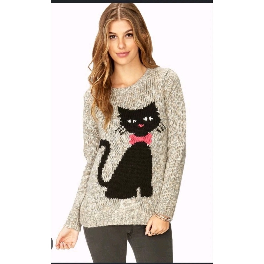 Forever 21 Women's Gray Knit Cat Graphic Print Pullover Crew Neck LS Halloween